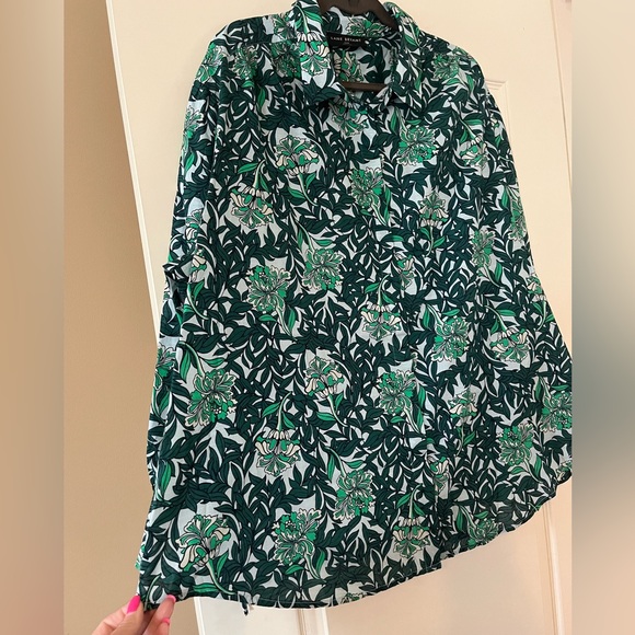 Lane Bryant Green & White Button Down Cotton Blouse with Tie Sleeves 26/28 - Picture 6 of 16